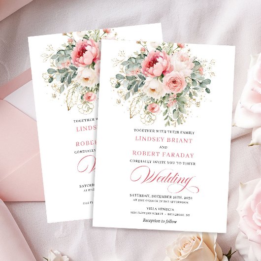 Landelijke chic roze rozen trouwuitnodiging kaart