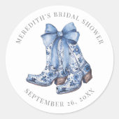 Landelijke Cowboy Bruidsdouche met Blauwe Strik Ronde Sticker (Voorkant)