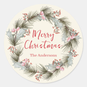 Landelijke Elegante Waterverf Kerstkrans Ronde Sticker