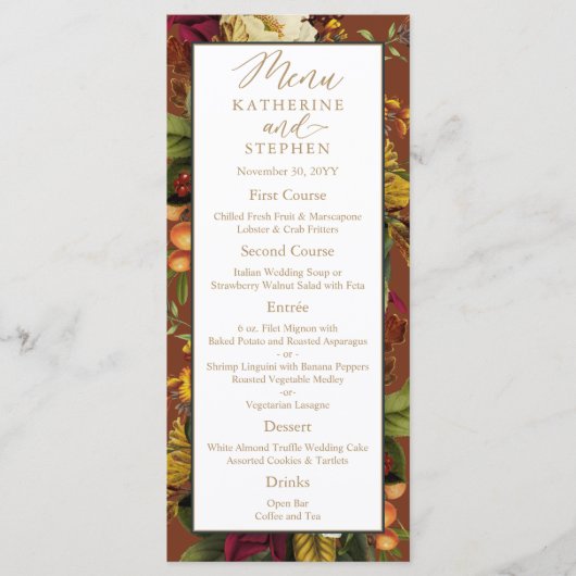 Landelijke Elegantie Bloemstuk Bruiloftsreceptie Menu (Voorkant)