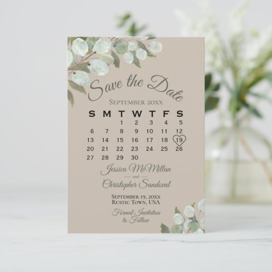 Landelijke Eucalyptus Groene Kalender Tannine Brui Save The Date (Staand voorkant)