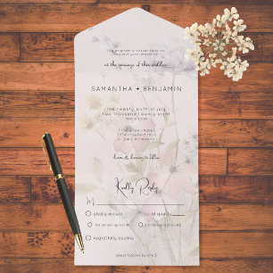 Landelijke gedempte wilde bloemen op roze diner  all in one uitnodiging