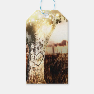 Landelijke gesneden boom en snoerlichtjes landelij cadeaulabel