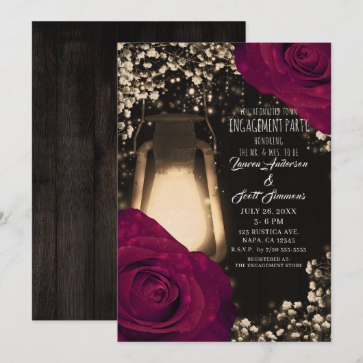 Landelijke gloedlantaarn Magenta Rozen Verlovingsf Kaart (Voorkant / Achterkant)