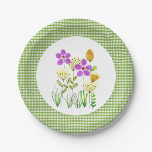 Landelijke groene Gingham- en wilde bloemenfeestje Papieren Bordje