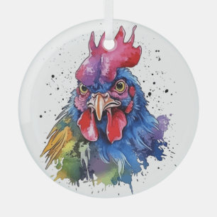 Landelijke Haan Kip Watercolor Stijl Glas Ornament