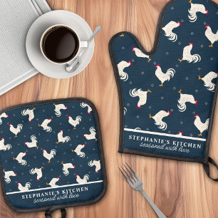 Landelijke Haan Patroon Marineblauw Persoonlijk Ovenwant & Pannenlap Set