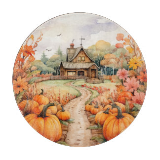 LANDELIJKE HERFST BOERDERIJ MET HERFST POMPOENEN SNIJPLANK