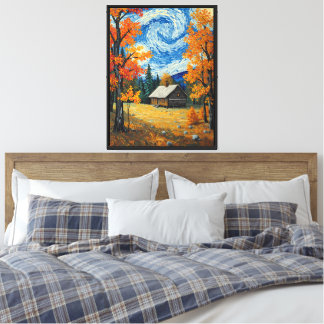 Landelijke herfstlandschap met blokhut Impressioni Canvas Afdruk