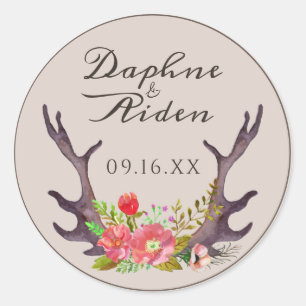 Landelijke herten geweien bloem bruiloft naam datu ronde sticker