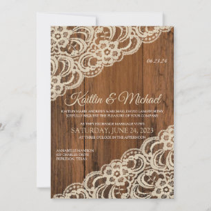 Landelijke houten & beige / taupe kanten trouwuitn kaart