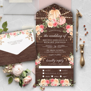 Landelijke houten roze en perzik pompoen bloemen b all in one uitnodiging