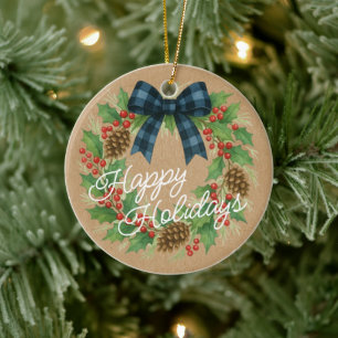 Landelijke hulstkrans blauw zwart geruit lint keramisch ornament