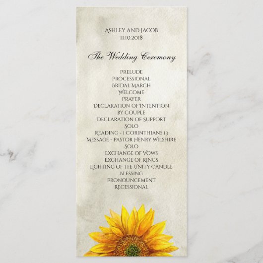 Landelijke huwelijksprogramma. Zonnebloem ceremoni Programma (Voorkant)