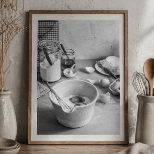 Landelijke keuken bakscene zwart-wit foto poster