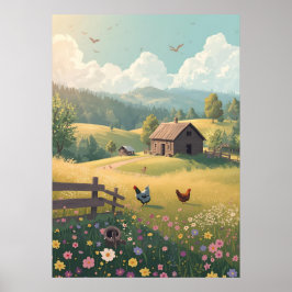 Landelijke landhuis met wilde bloemen poster