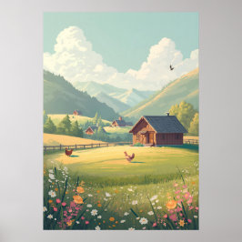 Landelijke landhuis met wilde bloemen poster