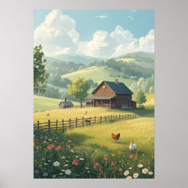 Landelijke landhuis met wilde bloemen poster