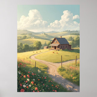 Landelijke landhuis met wilde bloemen poster