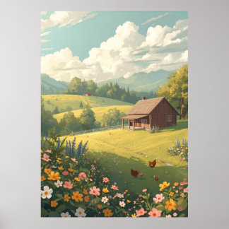 Landelijke landhuis met wilde bloemen poster