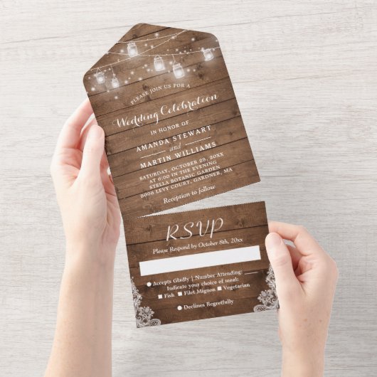 Landelijke Mason Pot Slingerlampjes Plattelandshuw All In One Uitnodiging (Afscheurbaar)