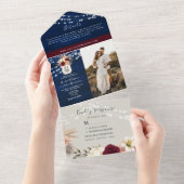 Landelijke Navyblauwe en Burgundy Bloemige Bruilof All In One Uitnodiging (Afscheurbaar)