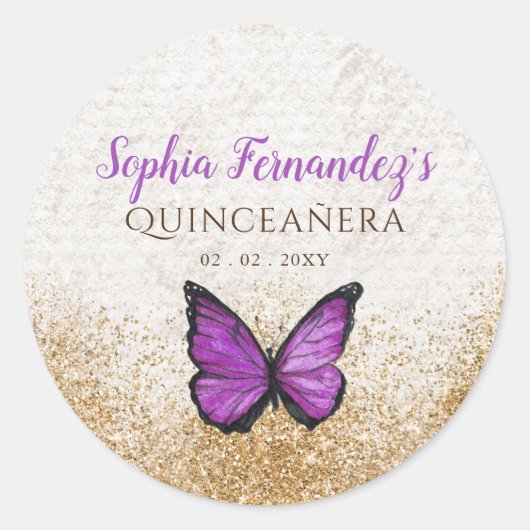 Landelijke Oude Paarse Gouden Vlinder Ronde Sticker (Voorkant)