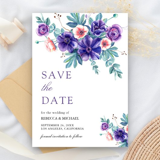 Landelijke Paarse Anemoon Boeket Bruiloft Save The Date