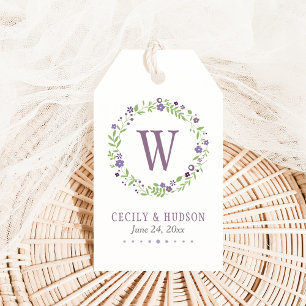 Landelijke paarse groene bloemenkrans monogram fav cadeaulabel