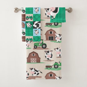 Landelijke Patchwork Koeboerderij Tan en Groen Bad Handdoek