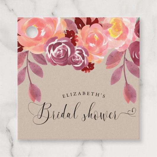 landelijke pioenrozen elegante script bruidsdouche bedankjes labels (Voorkant)