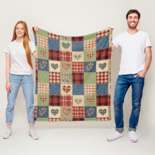 Landelijke Quilt Hart Patchwork Rood Blauw Fleece Deken