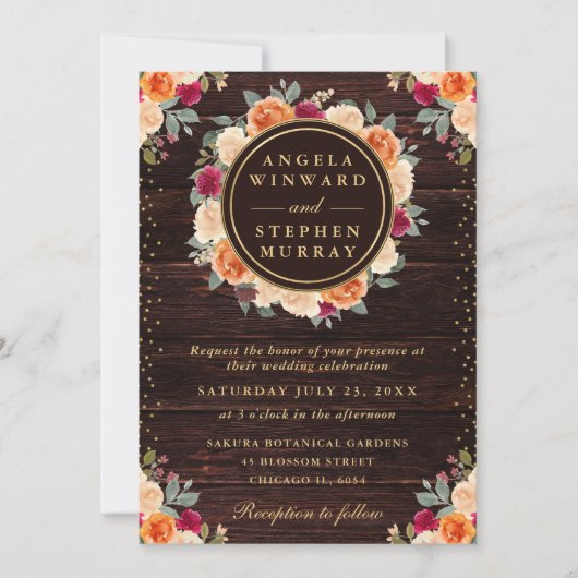 Landelijke rode en oranje herfstbloemen krans brui kaart (Voorkant)