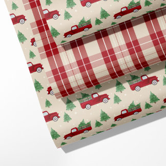 Landelijke Rode Truck & Kerst Plaid  Inpakpapier Vel