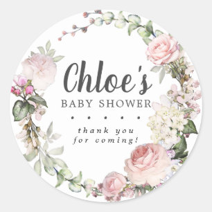 Landelijke Roze Bloemige Baby Shower Dankjewel Ronde Sticker