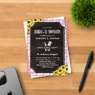 Landelijke Roze Gingham Zonnebloemen Meisje Baby-Q Acryl Uitnodigingen