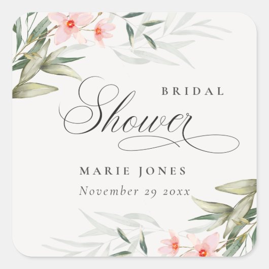 Landelijke Roze Groene Bloemstuk Bruidsfeest Vierkante Sticker (Voorkant)