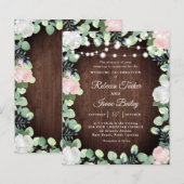 Landelijke Roze Roos Groene Huwelijksuitnodiging (Voorkant / Achterkant)