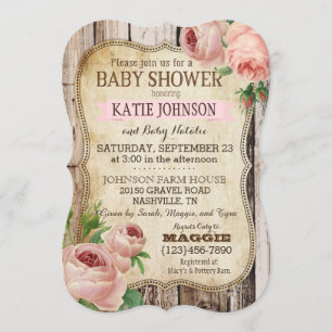 Landelijke Rozen en Rustic Wood Baby shower Kaart