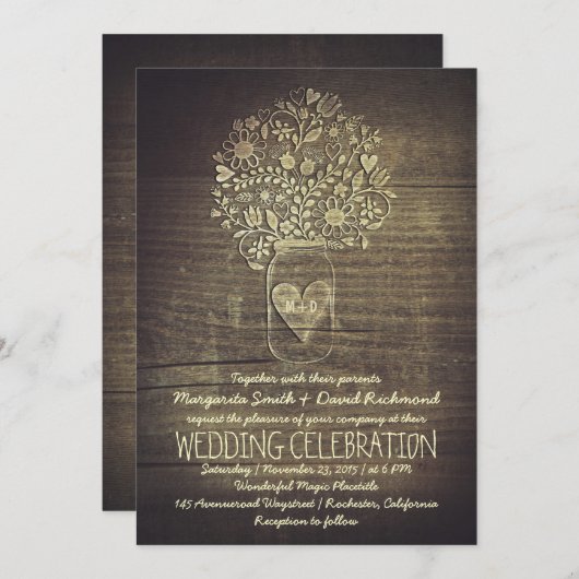 Landelijke rustieke Mason Jar Bloemen bruiloft uit Kaart (Voorkant / Achterkant)