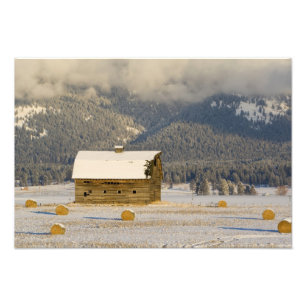 Landelijke schuur en hooibalen na een verse sneeuw foto afdruk