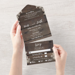 Landelijke schuur hout & kant romantische elegante all in one uitnodiging