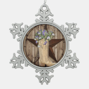 landelijke schuur hout wilde bloem cowboy western tin sneeuwvlok ornament