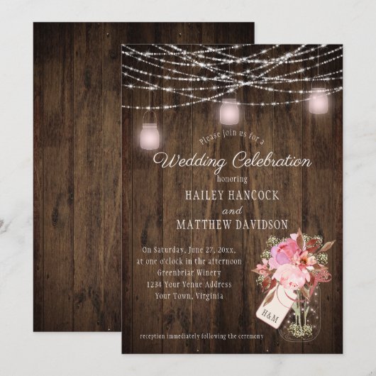 Landelijke snoerlampjes Roze potten Bruiloft Kaart (Voorkant / Achterkant)