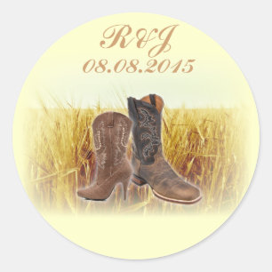 Landelijke tarwe boerderij westerne cowboy bruilof ronde sticker