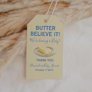 Landelijke thema boter geel blauwe babyshower cadeaulabel