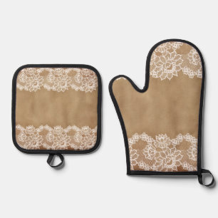 Landelijke vintage beige jute en witte kant ovenwant & pannenlap set
