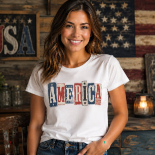 Landelijke vintage houten blok AMERIKA Patriottisc T-shirt