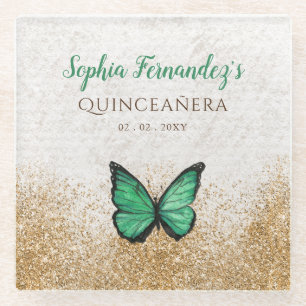 Landelijke Vintage Smaragdgroene Gouden Vlinder Glazen Onderzetter