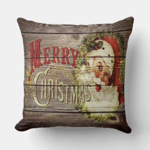 Landelijke vintage vrolijke kerst en kerstman kussen